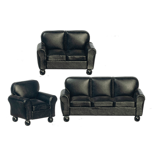 Leather Sofa Set, Black, 3 Pieces